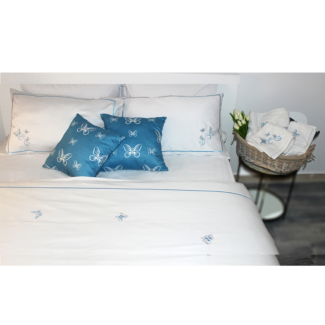 Blue Butterfly Embroidered Bed Set